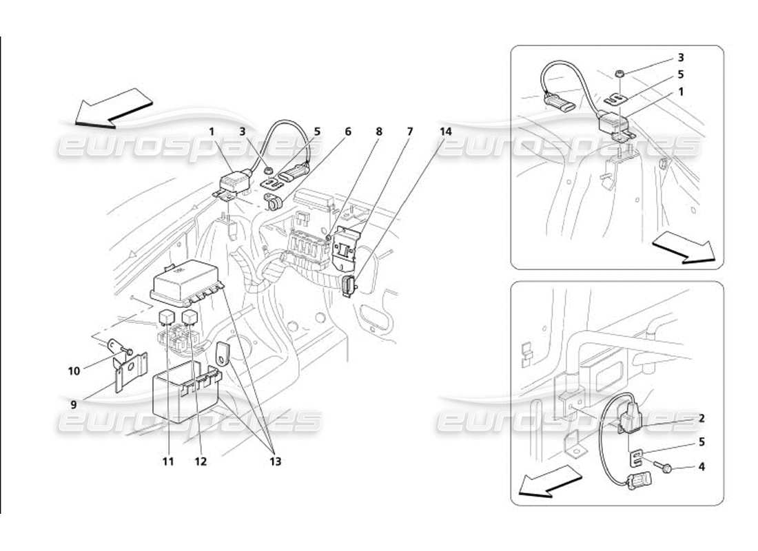 maserati 4200 gransport (2005) teilediagramm für motorhaubensensoren und steuerstationen