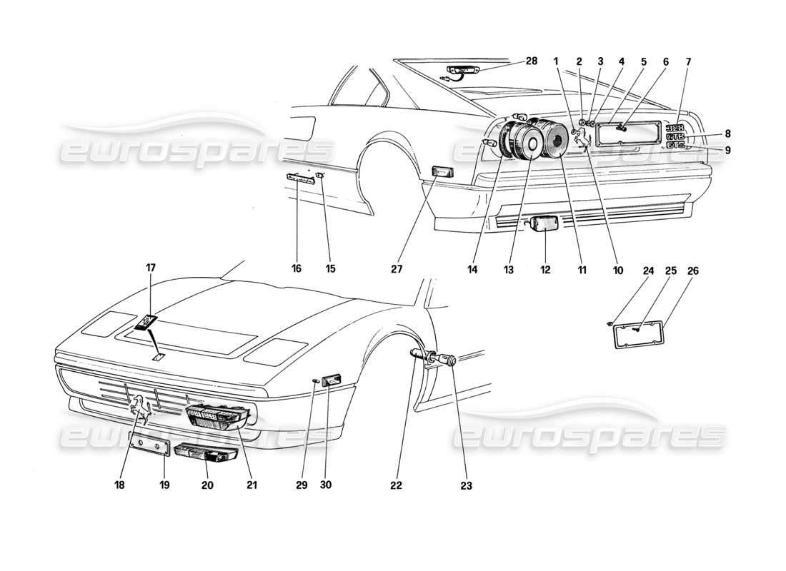 ferrari 328 (1988) teilediagramm für außenbeleuchtung und zierleiste