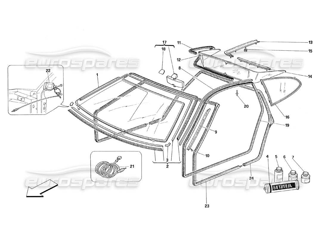 ferrari 348 (1993) tb / ts teilediagramm für gläser und dichtungen