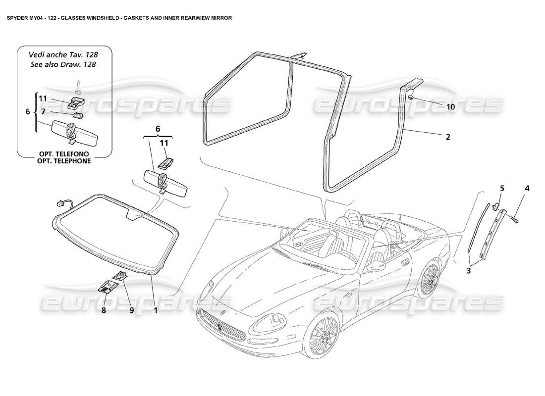 maserati 4200 spyder (2004) brille windschutzscheibe teilediagramm