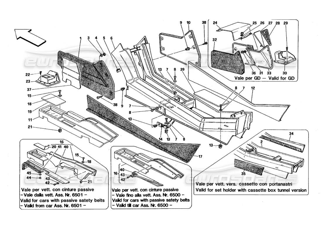 ferrari 348 (1993) tb / ts tunnel - rahmen und verkleidungen teilediagramm