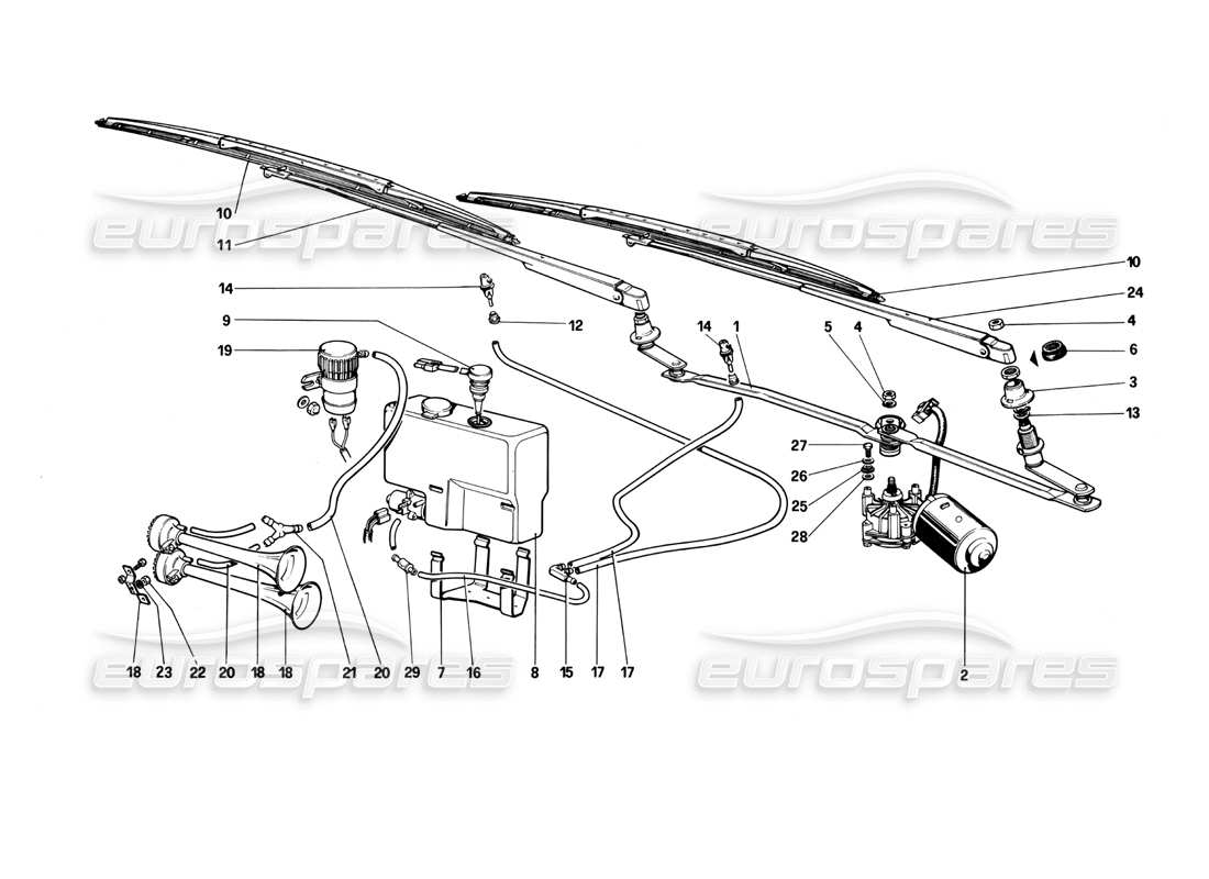 ferrari mondial 3.0 qv (1984) scheibenwischer - scheibe und hupe - teilediagramm