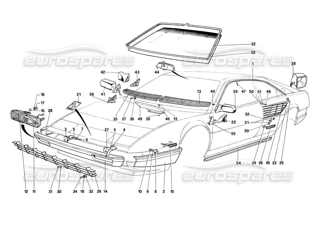 ferrari mondial 3.0 qv (1984) teilediagramm für stoßstangen, lichter und frontscheiben