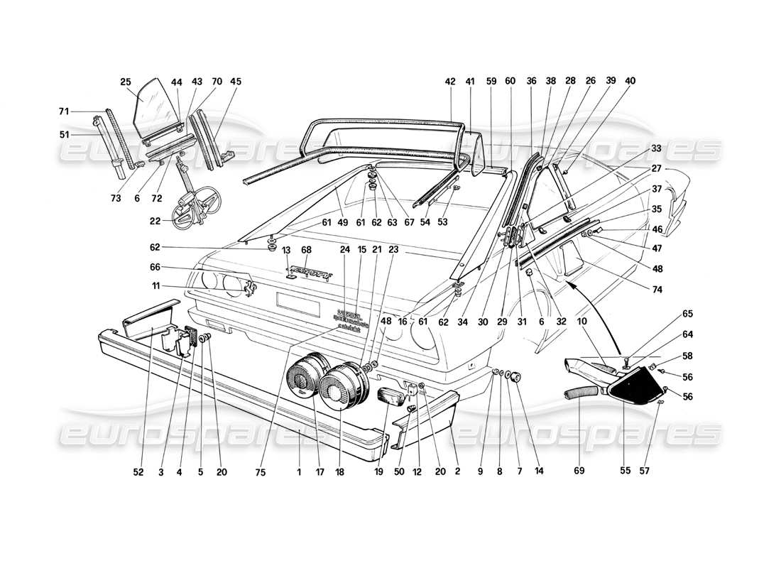 ferrari mondial 3.0 qv (1984) teilediagramm für stoßstangen, lichter und heckscheiben