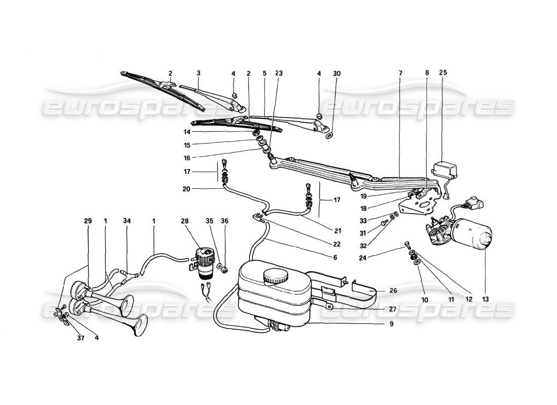 ferrari 308 quattrovalvole (1985) teilediagramm für scheibenwischer, scheibe und hupe