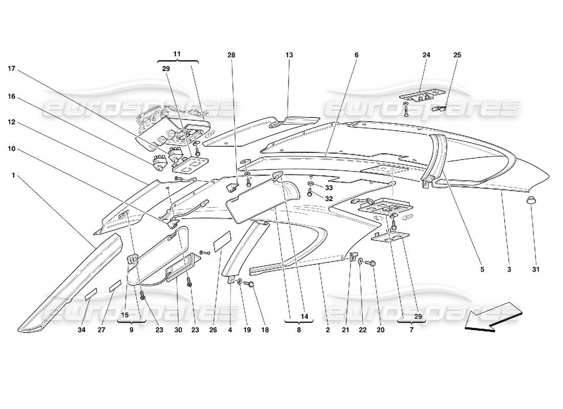 ferrari 456 gt/gta teilediagramm für dachpaneelpolster und zubehör