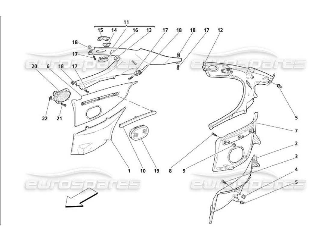 maserati 4200 gransport (2005) innenverkleidungen - teilediagramm für pfostenverkleidung und heckleiste