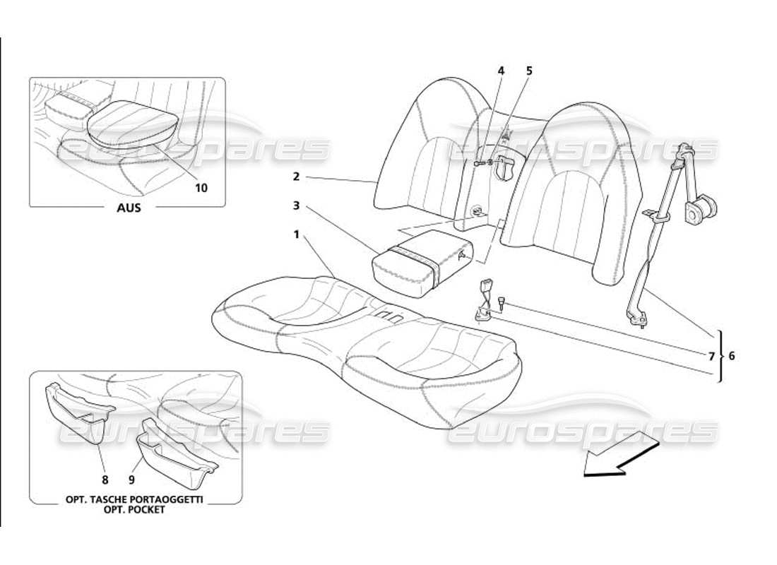 maserati 4200 gransport (2005) teilediagramm für rücksitz und sicherheitsgurt