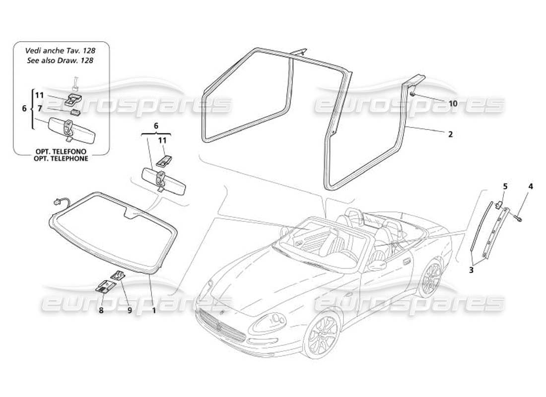 maserati 4200 spyder (2005) scheiben windschutzscheibe - dichtungen und innerer rückspiegel teilediagramm