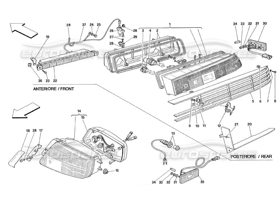 ferrari 348 (1993) tb / ts teilediagramm für vorder- und rücklichter