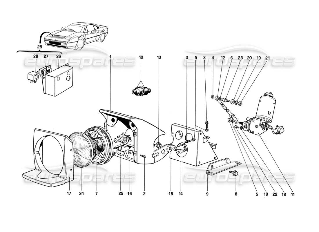 ferrari 328 (1988) teilediagramm für lichthebevorrichtung und scheinwerfer