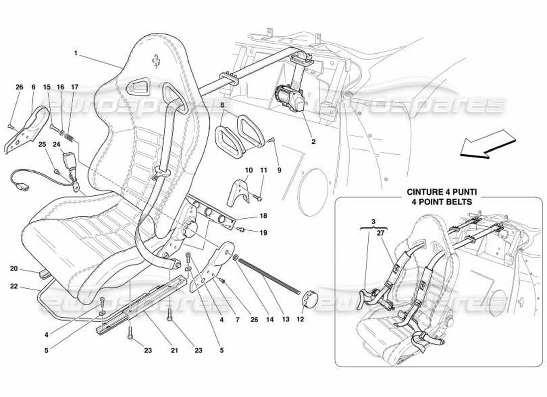 ferrari 550 barchetta teilediagramm für sitz- und sicherheitsgurte