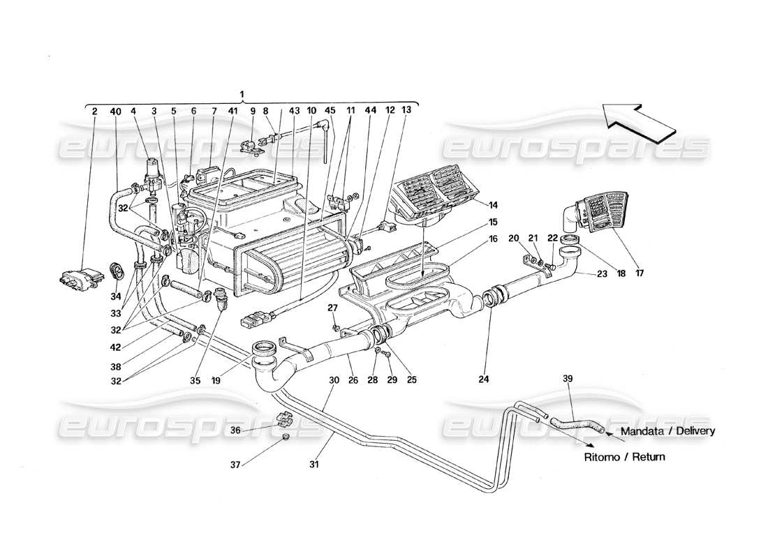 ferrari 348 (1993) tb / ts teilediagramm für verdampfereinheit und fahrgastraumbelüftung