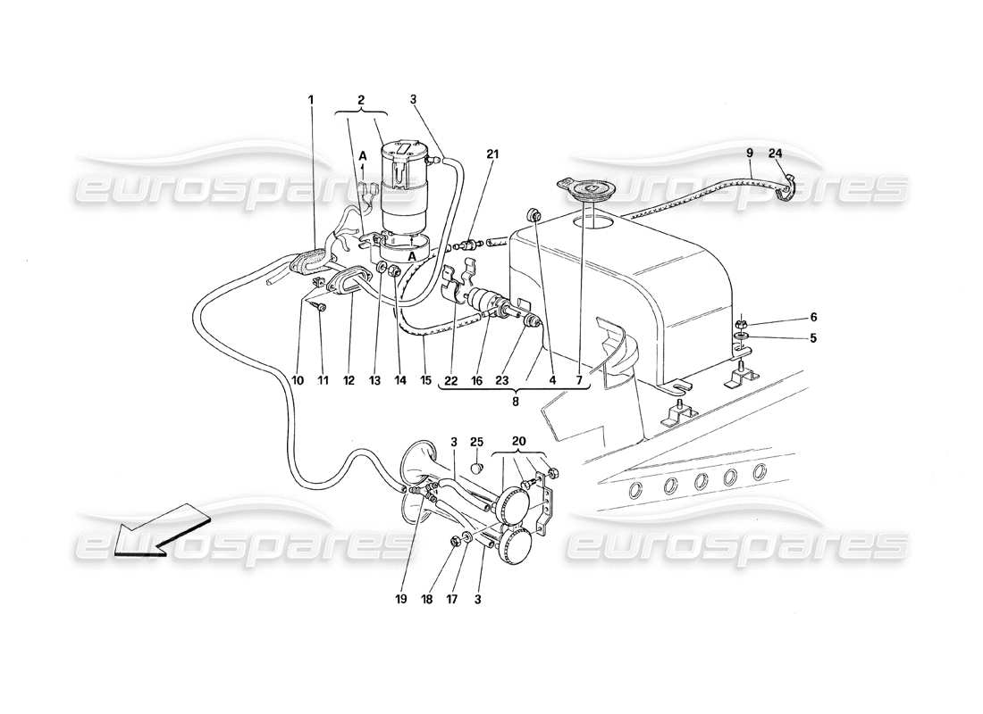 ferrari 348 (1993) tb / ts teilediagramm für scheibe und hupen