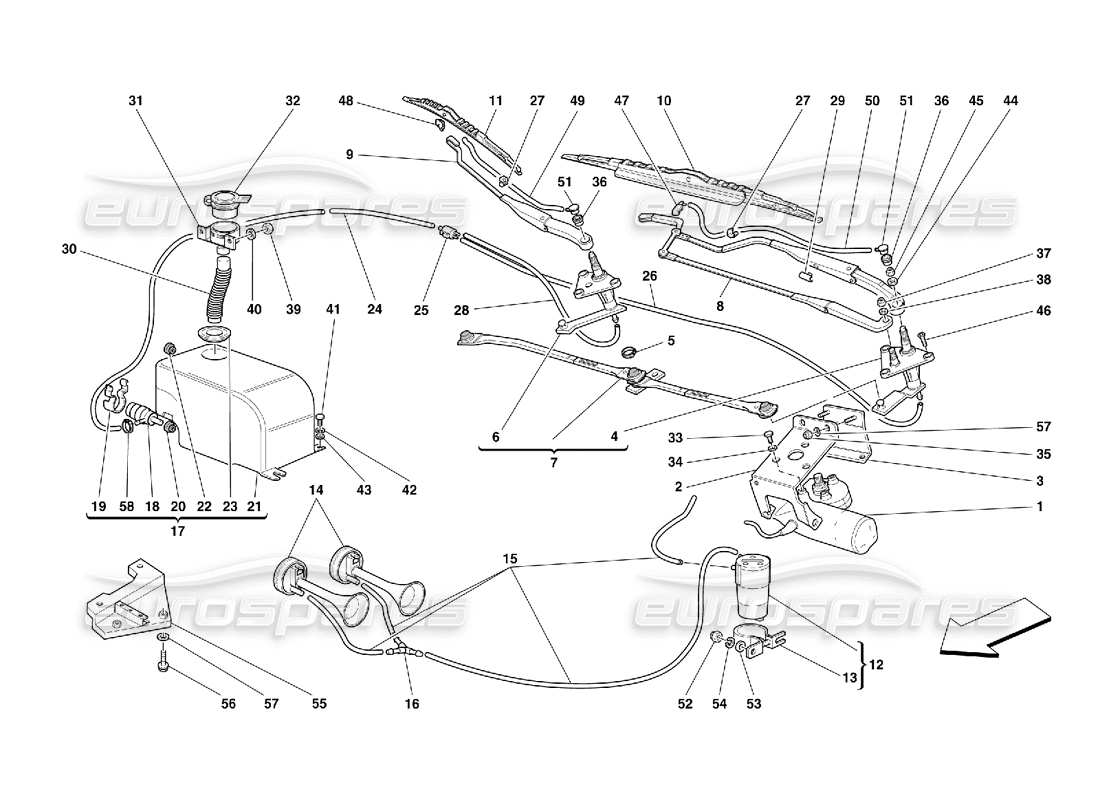 ferrari 456 gt/gta teilediagramm für scheibenwischer, scheibe und hupen