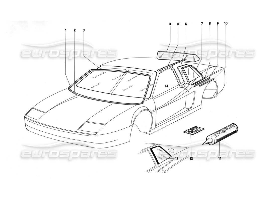 ferrari testarossa (1990) glas- und fensterteildiagramm