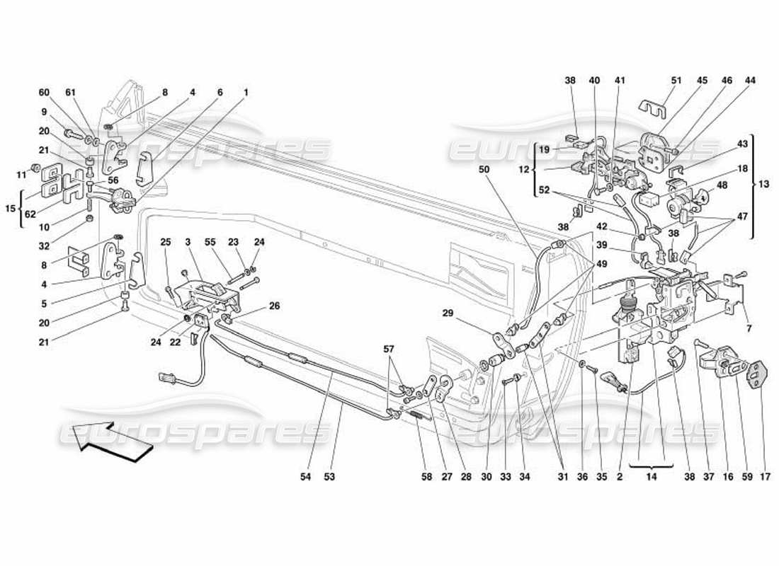 ferrari 550 barchetta türen - teilediagramm für öffnungssteuerung und scharniere