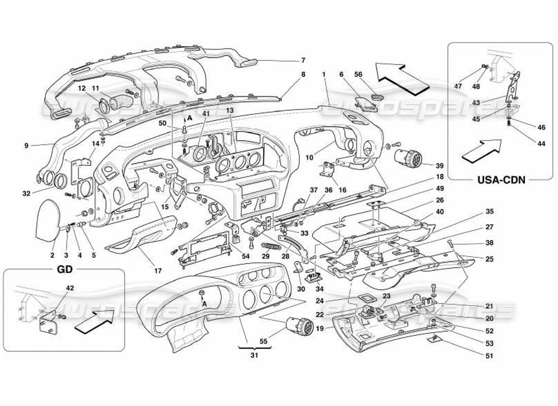 ferrari 550 barchetta teilediagramm für die instrumententafel