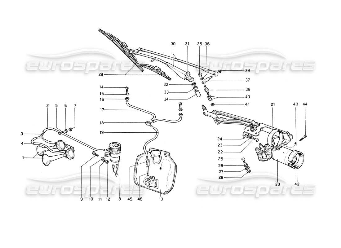 ferrari 512 bb teilediagramm für scheibenwischer, scheibe und hupen