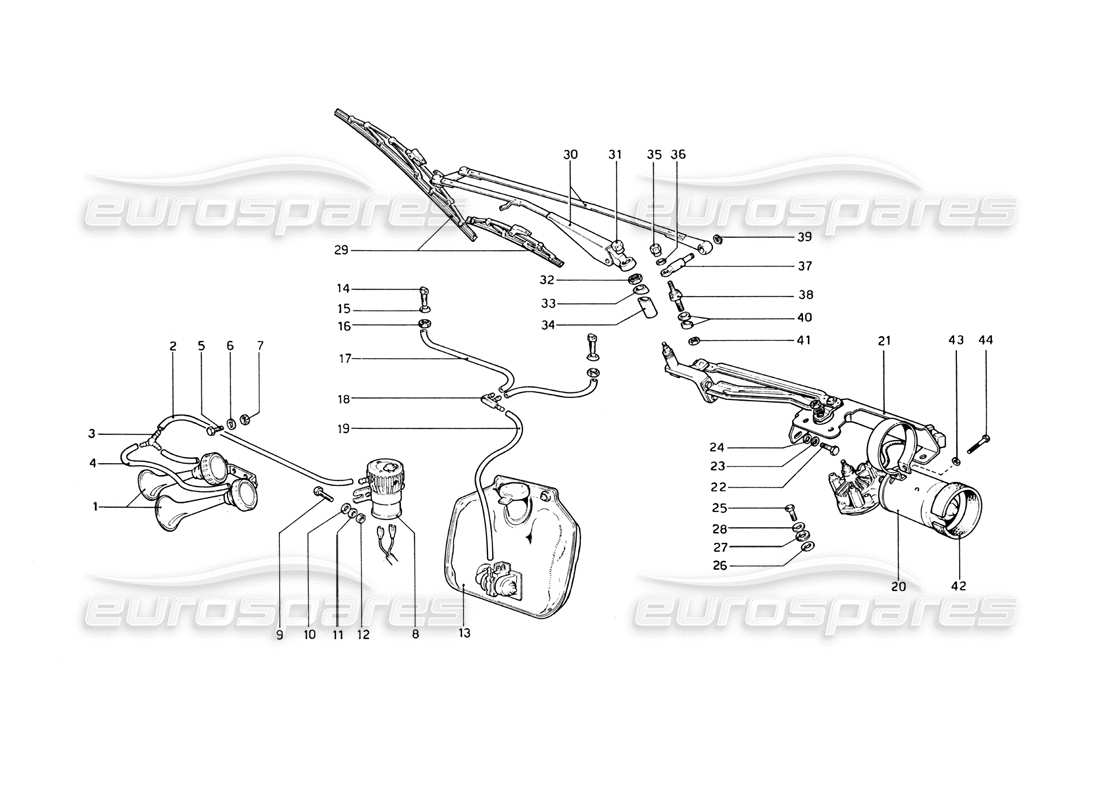 ferrari 365 gt4 berlinetta boxer scheibenwischer, scheibe und hupen teilediagramm