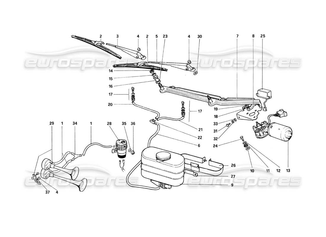 ferrari 208 turbo (1982) scheibenwischer, scheibe und hupe teilediagramm