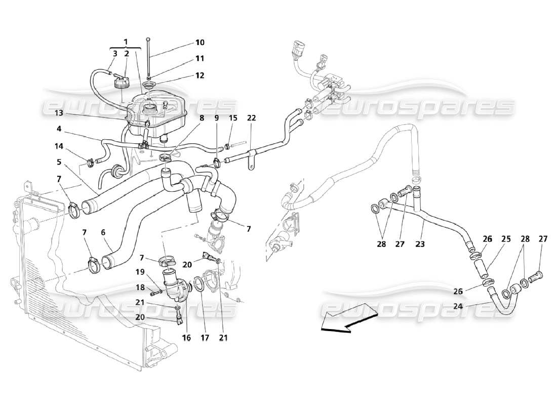 maserati qtp. (2006) 4.2 kühlsystem: kühlung und rohrleitungen teilediagramm