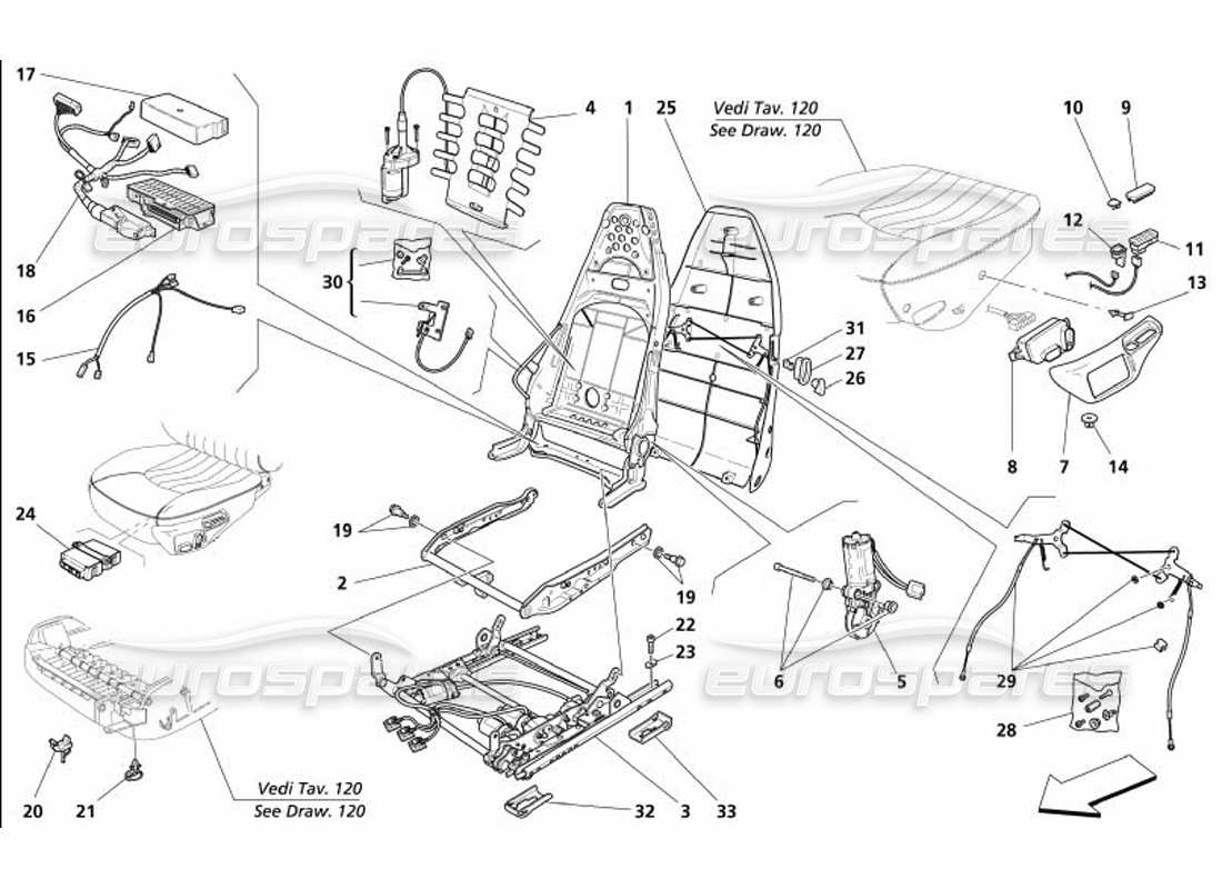 maserati 4200 coupe (2005) vordersitz - teilediagramm für führung und bewegung