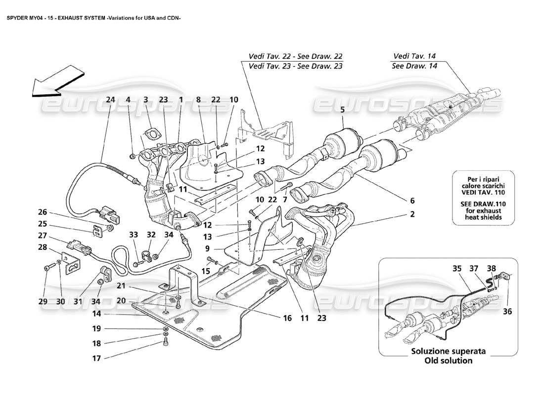 maserati 4200 spyder (2004) variationen der abgasanlage für usa und cdn teilediagramm