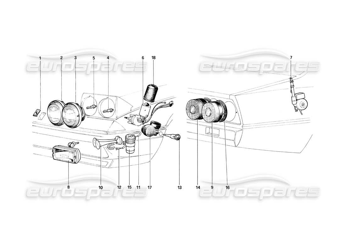 ferrari 400i (1983 mechanical) vorder- und rücklichter - hupen und antennenteildiagramm