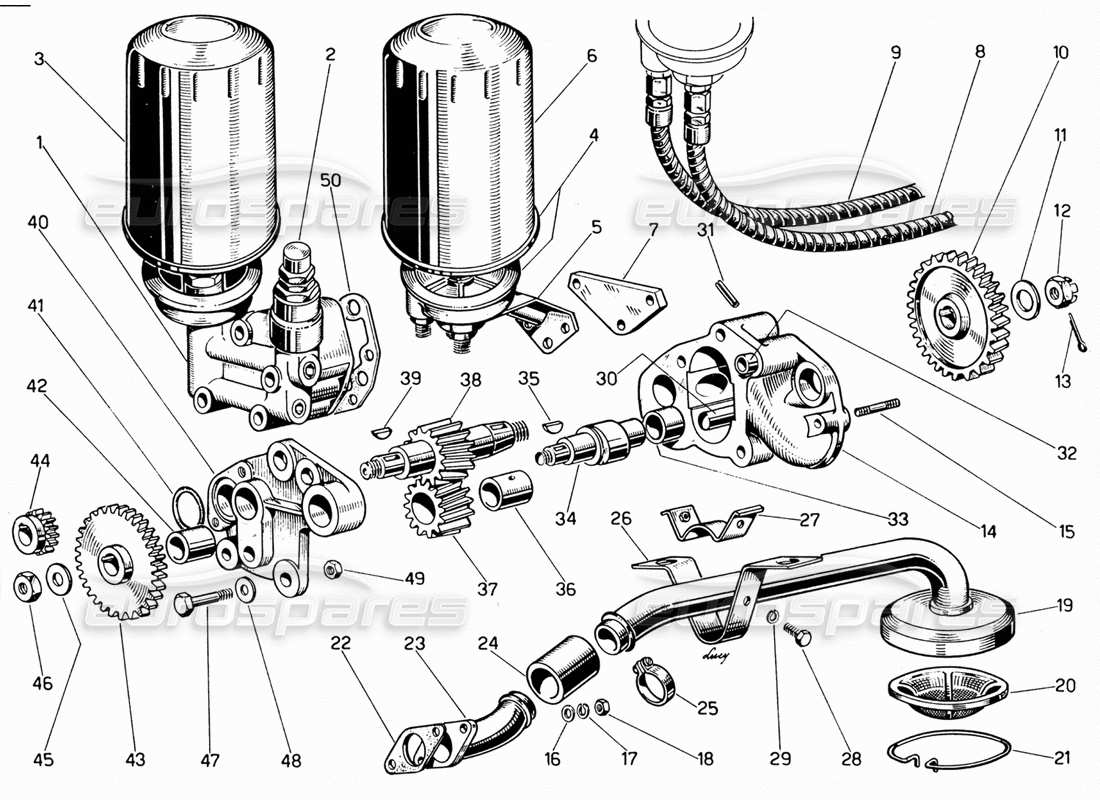 ferrari 330 gt 2+2 teilediagramm für ölpumpe und filter