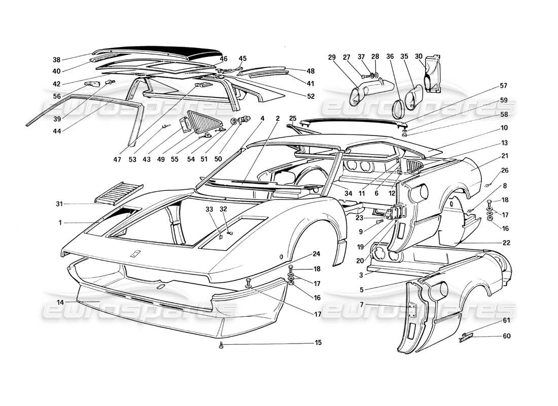 ferrari 308 quattrovalvole (1985) karosserie - teilediagramm für außenelemente