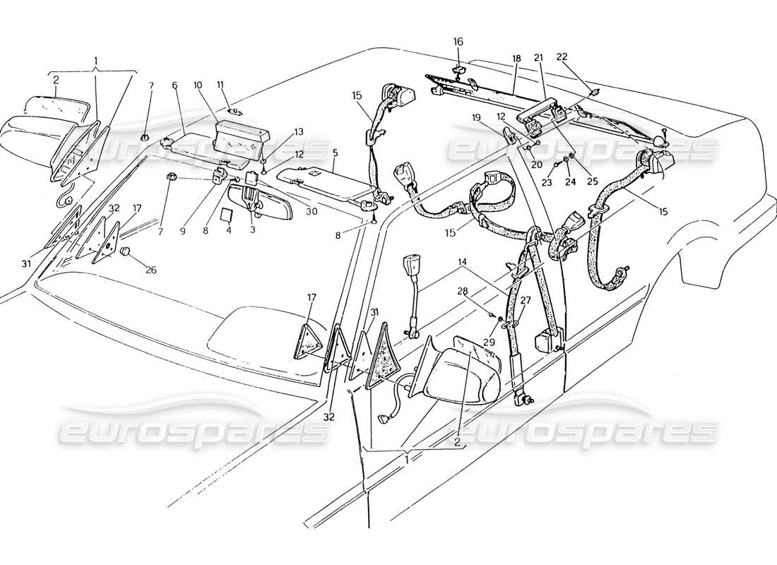 maserati 222 / 222e biturbo teilediagramm für sicherheitsgurte, spiegel und sonnenblende