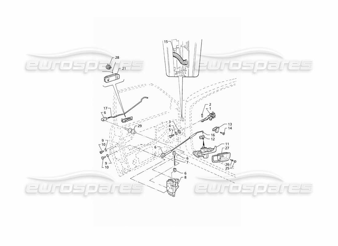 maserati qtp v6 (1996) vordertüren: teilediagramm für scharniere und innere bedienelemente
