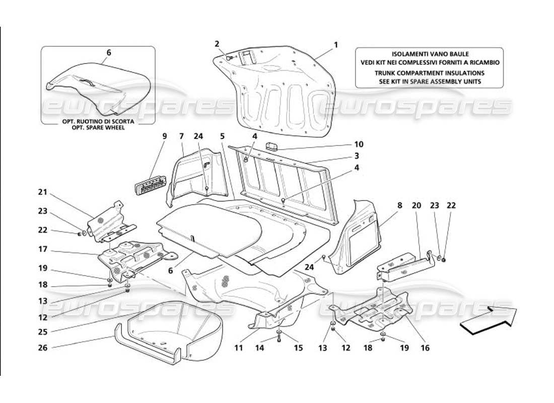 maserati 4200 gransport (2005) kofferraumverkleidungen - teilediagramm für lufteinlass und wärmeabschirmungen