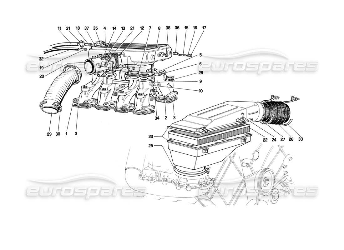 ferrari mondial 3.2 qv (1987) teilediagramm für lufteinlass und verteiler