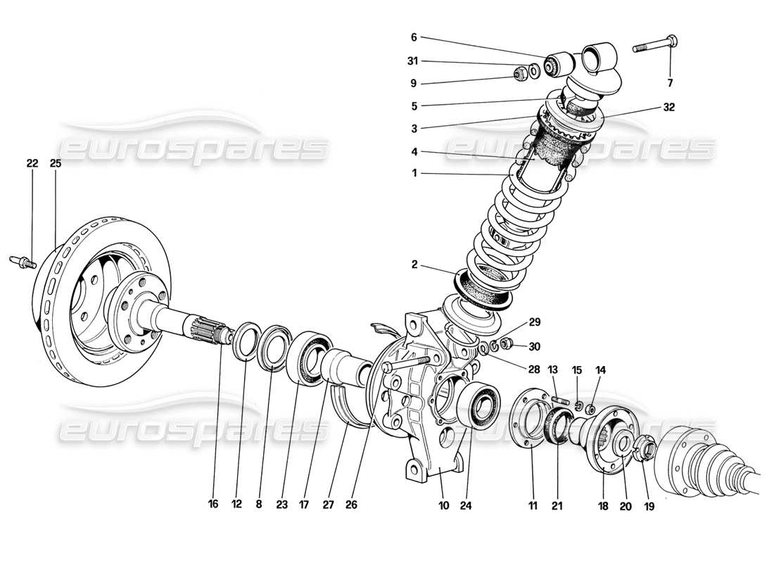 ferrari 328 (1988) hinterradaufhängung - stoßdämpfer und bremsscheibe (bis autonummer 76625) teilediagramm