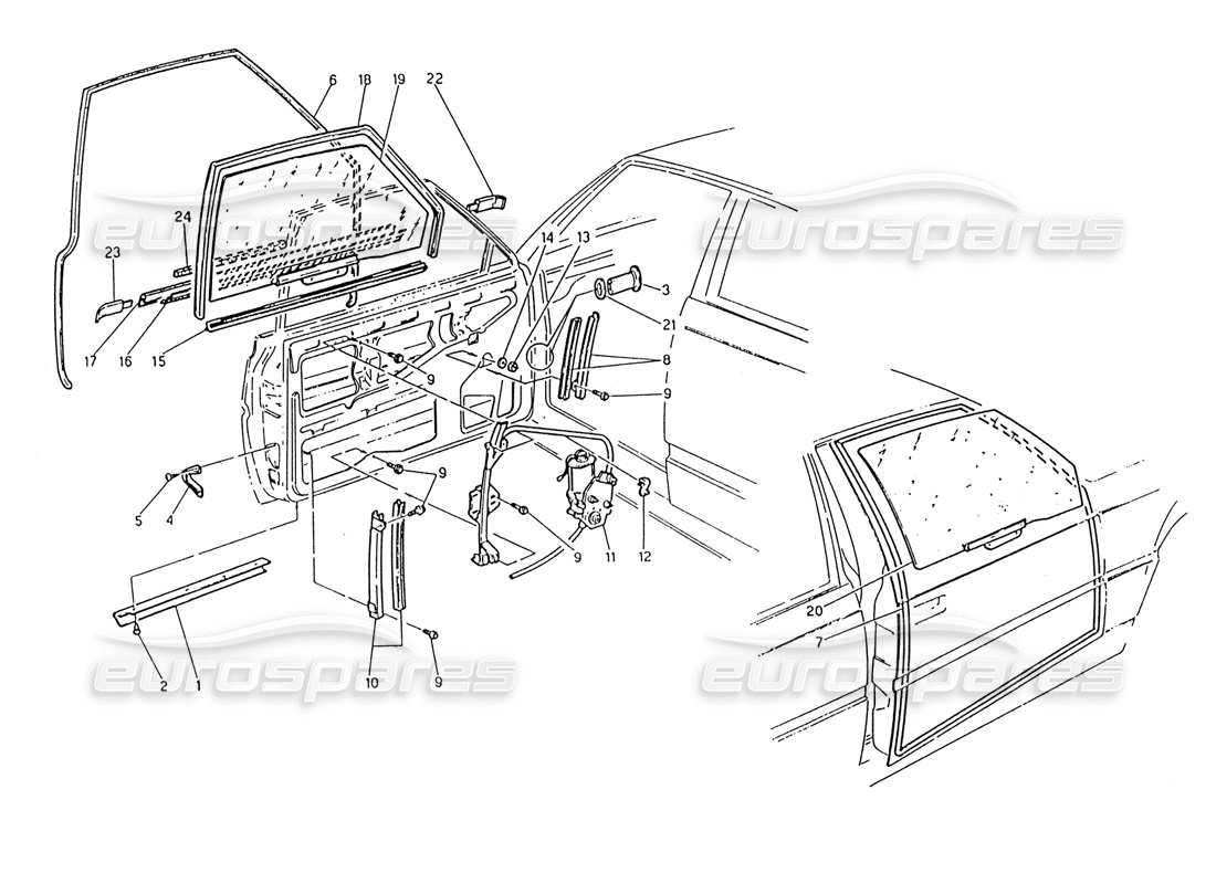 maserati 222 / 222e biturbo türen: teilediagramm für fenster und regler