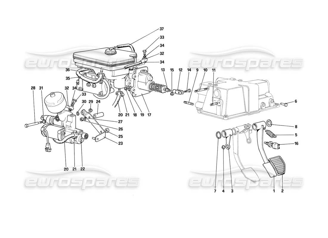 ferrari mondial 3.2 qv (1987) teilediagramm des hydraulischen bremssystems (für fahrzeuge mit antiblockiersystem)