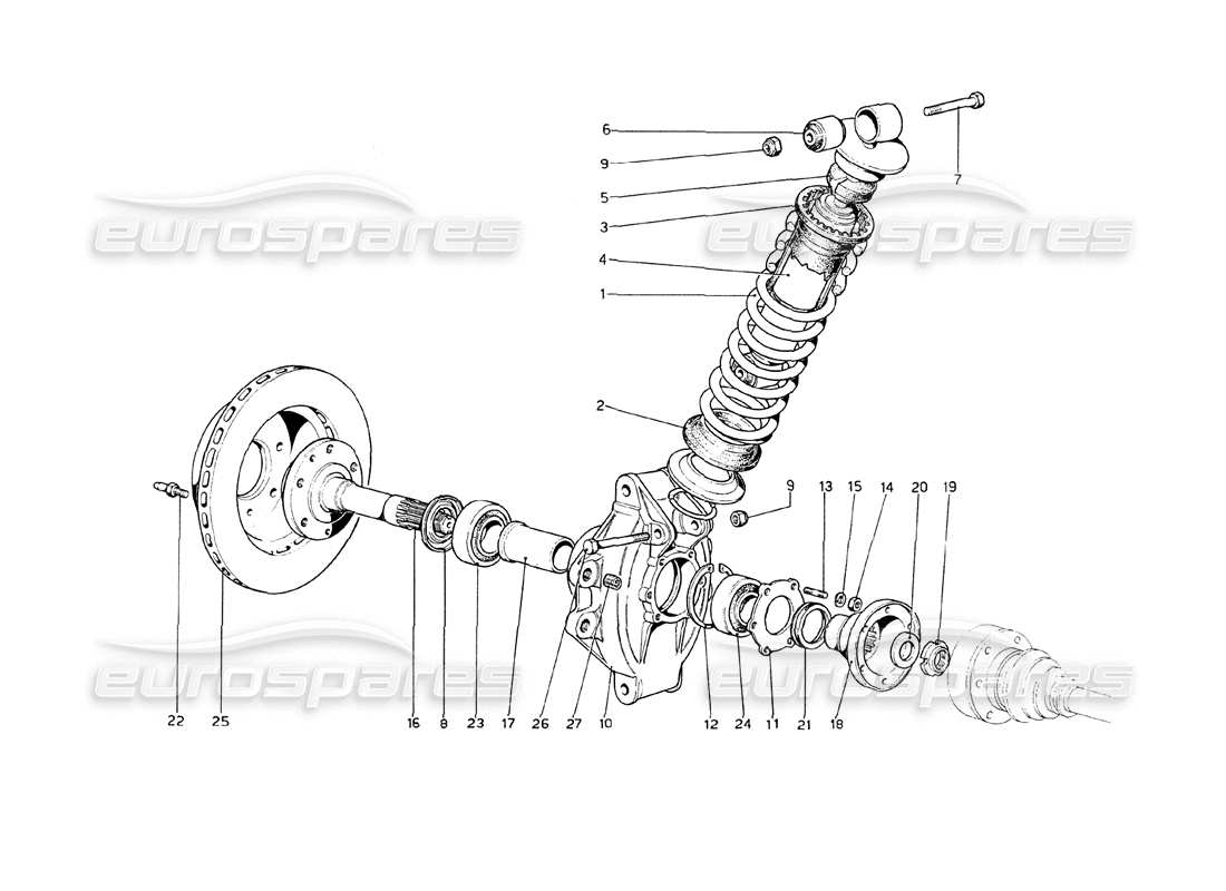 ferrari 208 gt4 dino (1975) hinterradaufhängung - teilediagramm stoßdämpfer und bremsscheibe