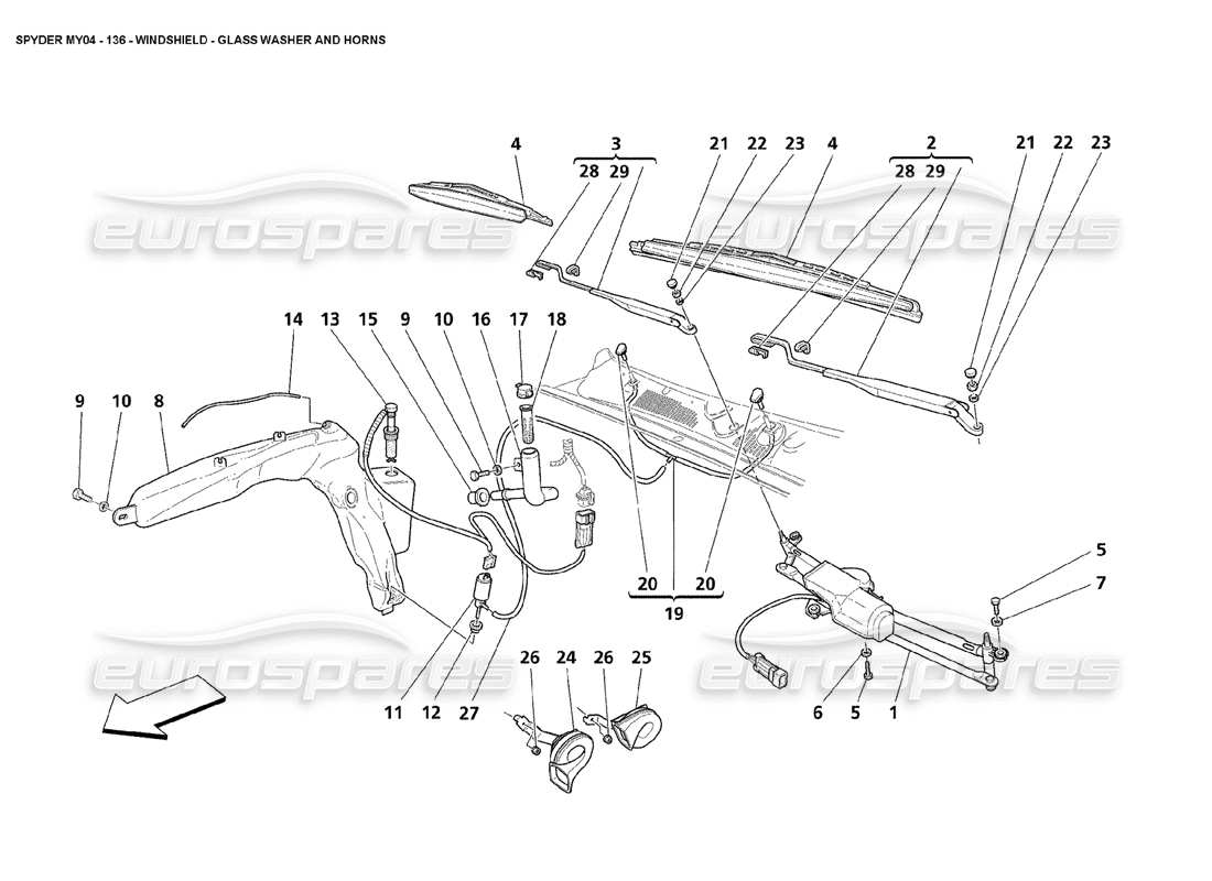 maserati 4200 spyder (2004) windschutzscheiben- scheibe und hupen teilediagramm