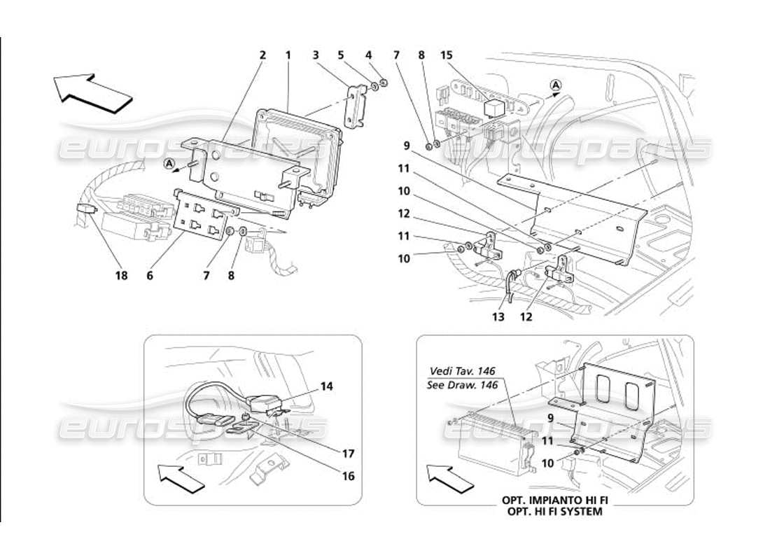 maserati 4200 gransport (2005) teilediagramm für sensoren und steuergeräte an der rechten motorhaube