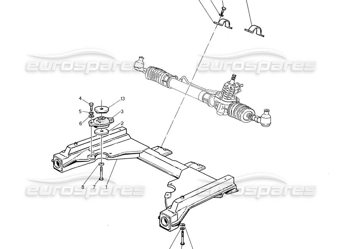 maserati 222 / 222e biturbo teilediagramm für vorderen hilfsrahmen und lenkgetriebe