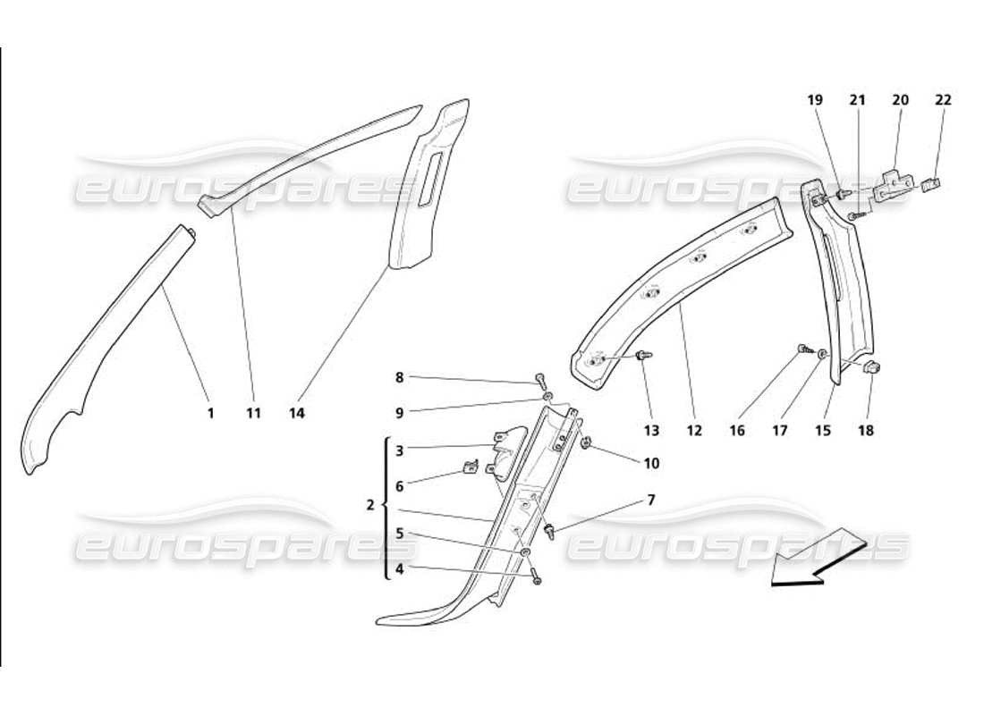 maserati 4200 gransport (2005) innenverkleidung - mittel- und vorderpfostenverkleidung - teilediagramm für seitenschienenverkleidung