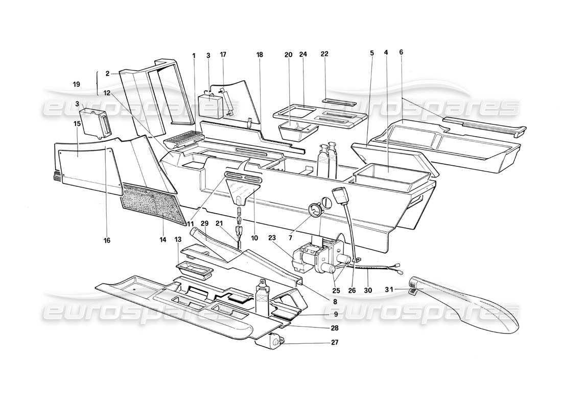 ferrari testarossa (1990) mitteltunnel (für us-version) teilediagramm