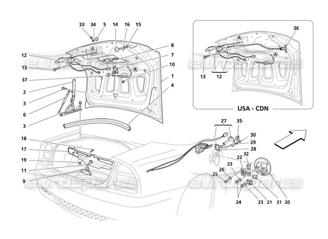 maserati 4200 spyder (2005) teilediagramm für kofferraumhaube und tankklappe