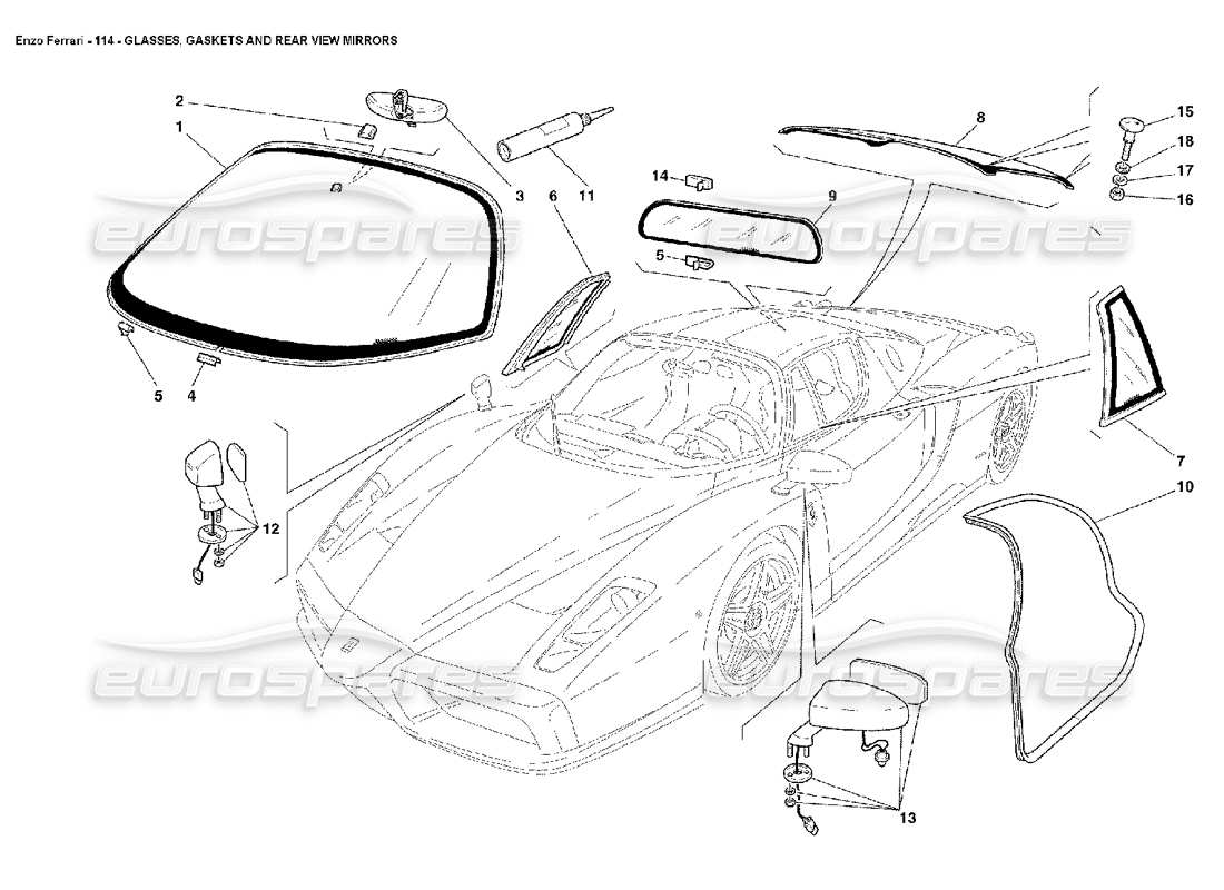 ferrari enzo brillen, dichtungen und rückspiegel teilediagramm