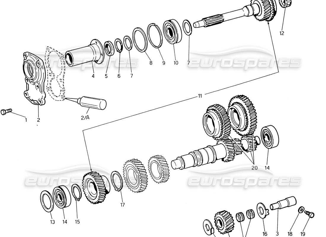 maserati 222 / 222e biturbo getriebe - teilediagramm für vorgelegewelle und direktantrieb