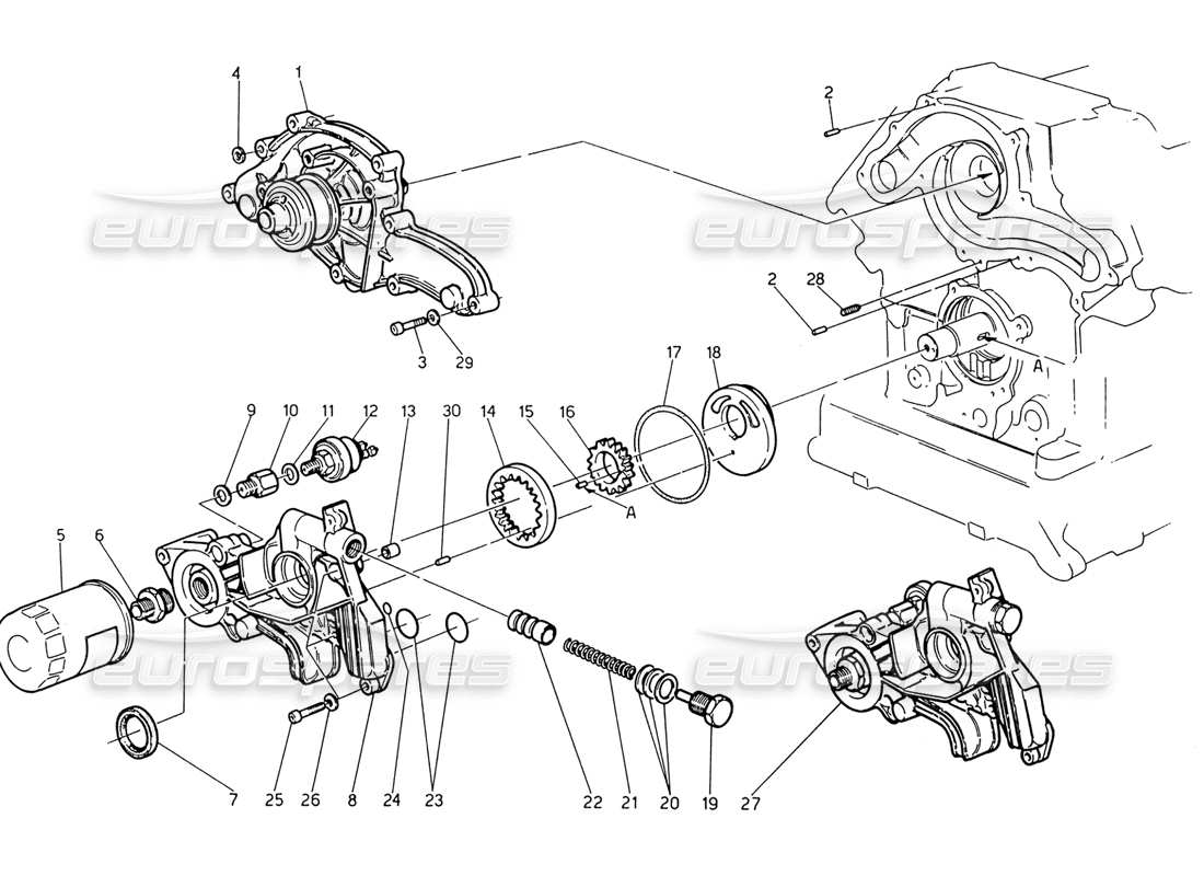 maserati 222 / 222e biturbo wasserpumpe - ölpumpe teilediagramm