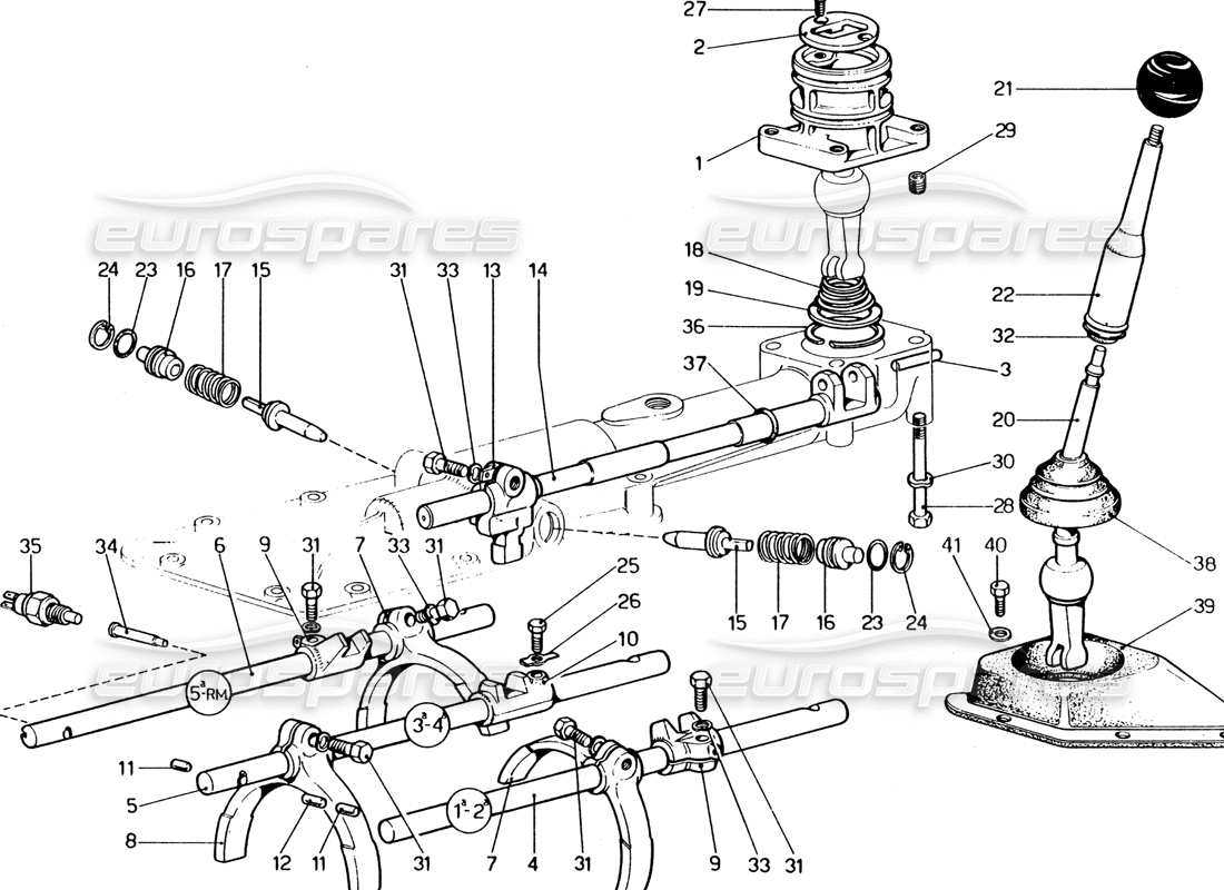 ferrari 365 gt4 2+2 (1973) teilediagramm für äußere und innere getriebesteuerungen