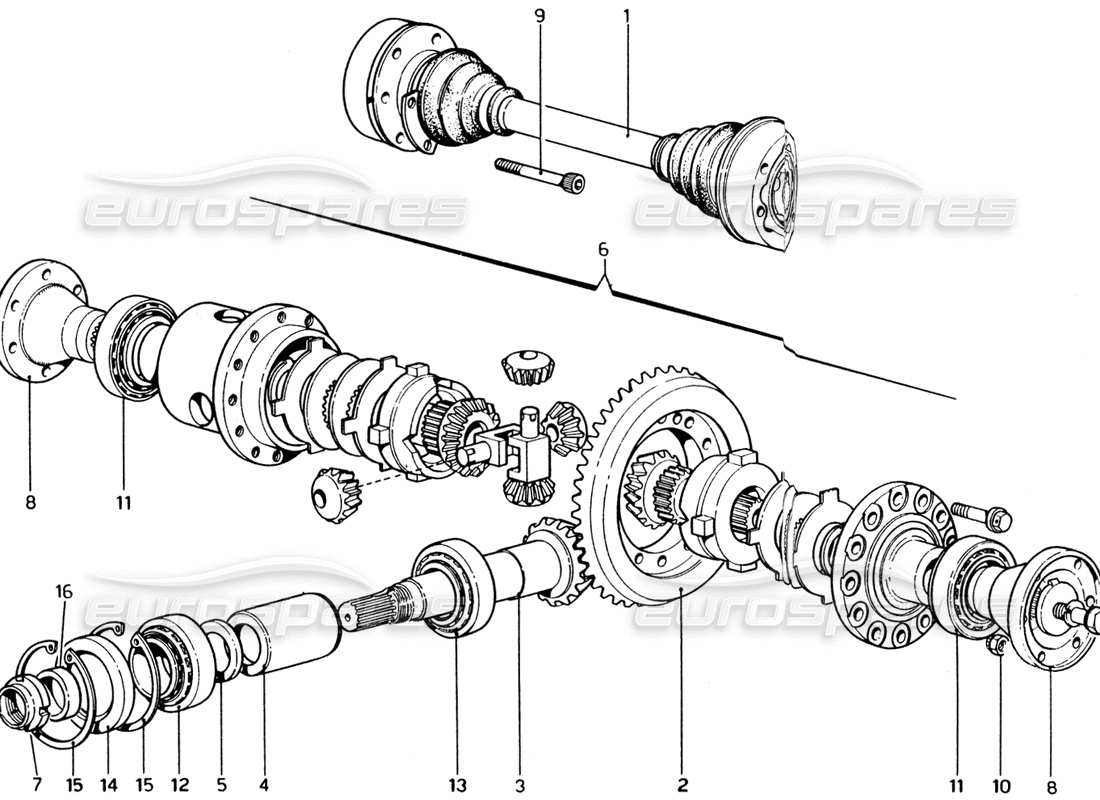 ferrari 365 gt4 2+2 (1973) teilediagramm für differential und achswellen
